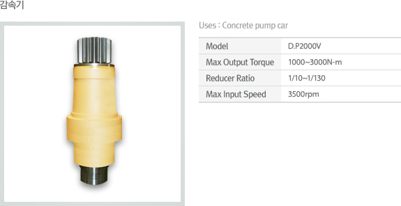 감속기 Uses : Concrete pump car Model	D.P2000V Max Output Torque	1000~3000N-m Reducer Ratio	1/10~1/130 Max Input Speed	3500rpm